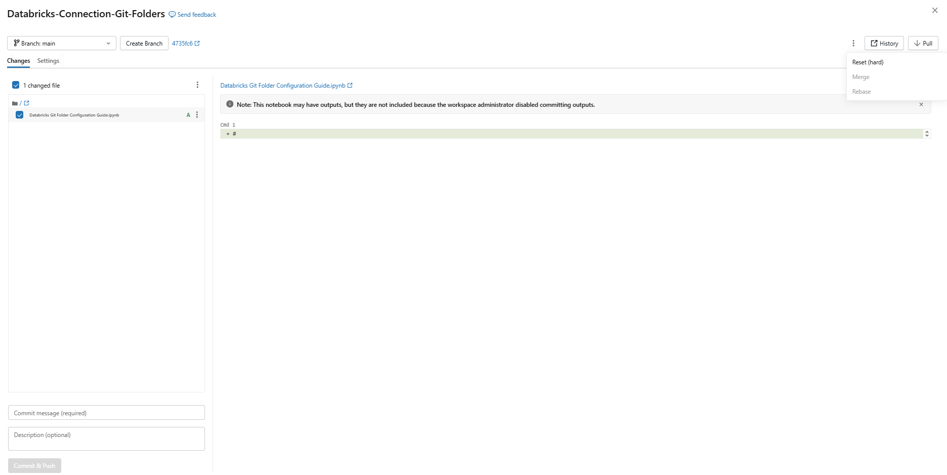 Databricks Git dialog showing branch, changed files and action buttons—Databricks Git folders 