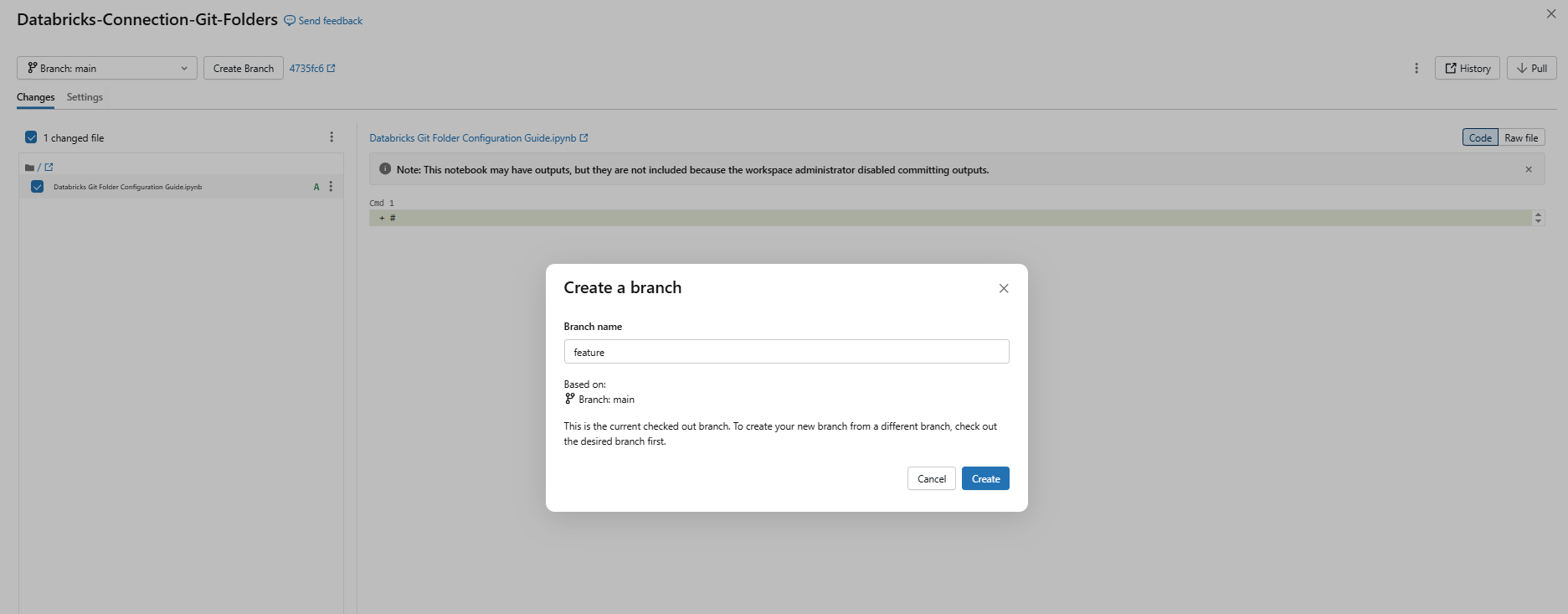 Create Branch dialog showing the branch name field and base branch selector—Databricks Git folders 