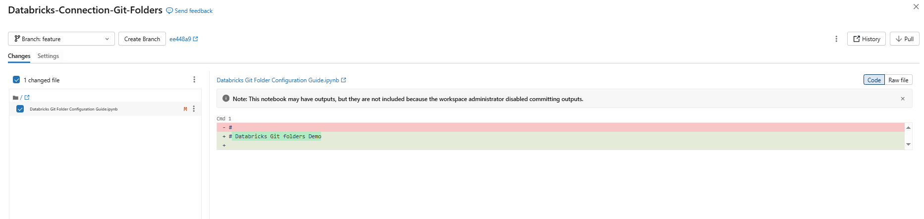 Git dialog showing modified files in the Changes section—Databricks Git folders 