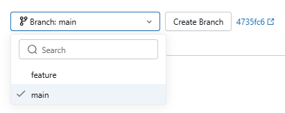 Branch dropdown showing the target branch selected before a merge—Databricks Git folders 