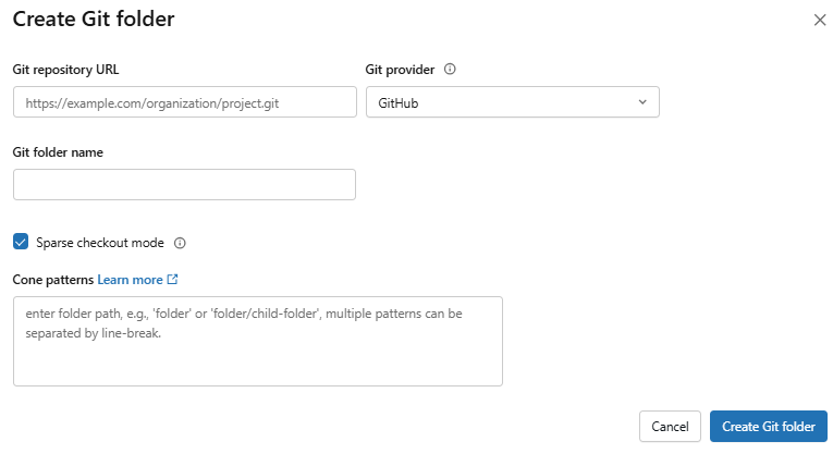 Applying cone patterns for sparse checkout—Databricks Git folders 