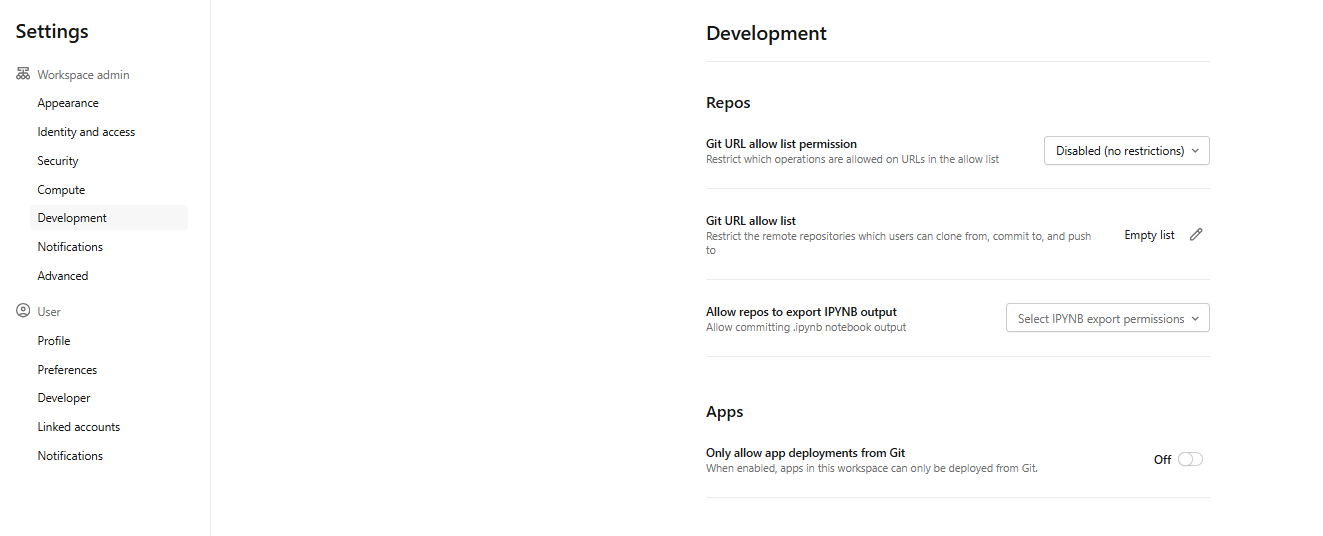 Accessing development settings for allowlists—Databricks Git folders 