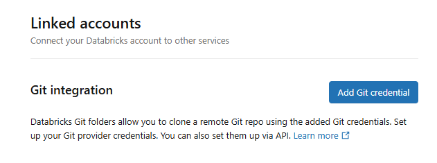 Adding Git credential in the Linked accounts panel—Databricks Git folders 