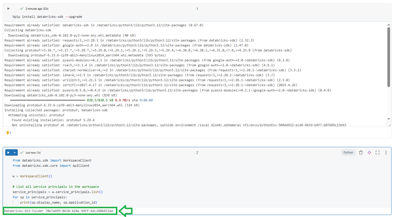 Listing service principals via the Databricks SDK—Databricks Git folders 