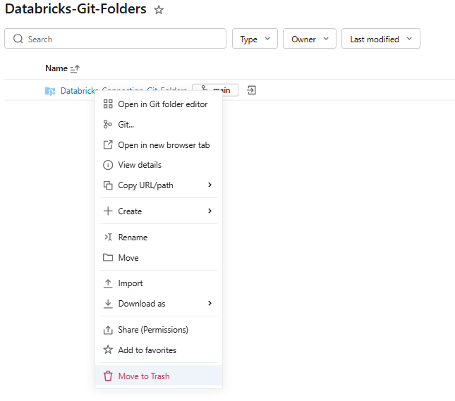 Deleting a Databricks Git folder by moving it to the trash—Databricks Git folders 