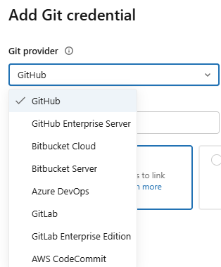 Selecting Git provider from the drop-down menu—Databricks Git folders 