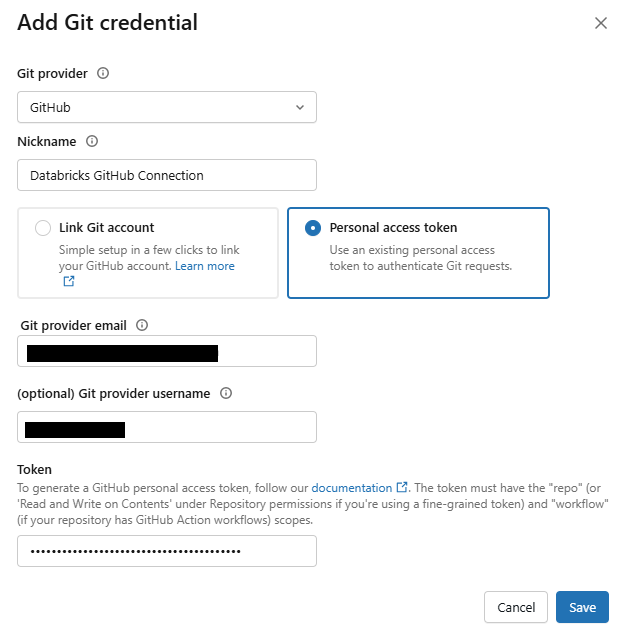 Filling out Git provider email and token fields in the credential configuration form—Databricks Git folders 