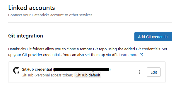 Saving the newly configured Git credential—Databricks Git folders 