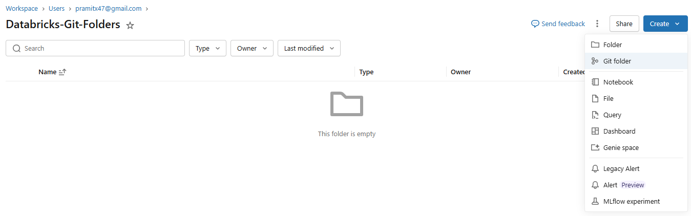 Create > Git folder option in the Databricks Workspace sidebar—Databricks Git folders 