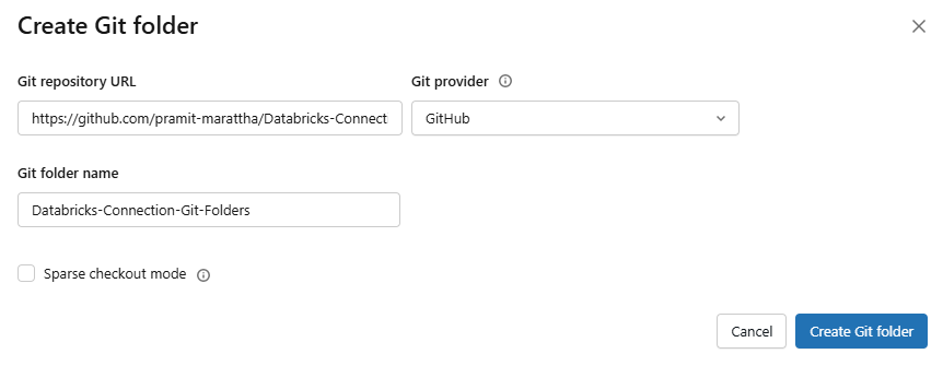 Creating Git folder with repository URL, provider and name fields—Databricks Git folders—Databricks Git folders 
