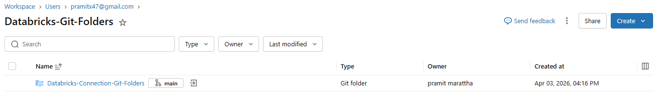 Databricks workspace after cloning—the Git folder appears in the Workspace tree 