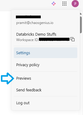Enabling Databricks One from the workspace Databricks previews menu 