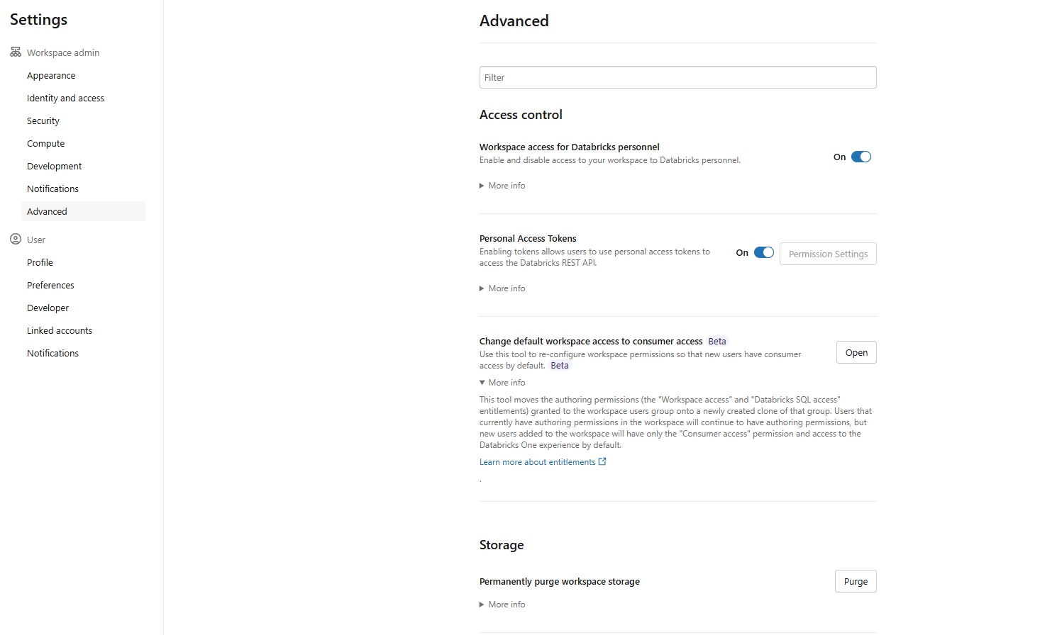 Accessing advanced settings to change default workspace permissions—Databricks One 
