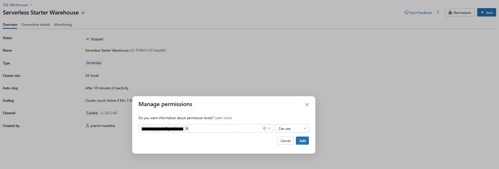 Granting users CAN USE permissions on a SQL warehouse—Databricks One 