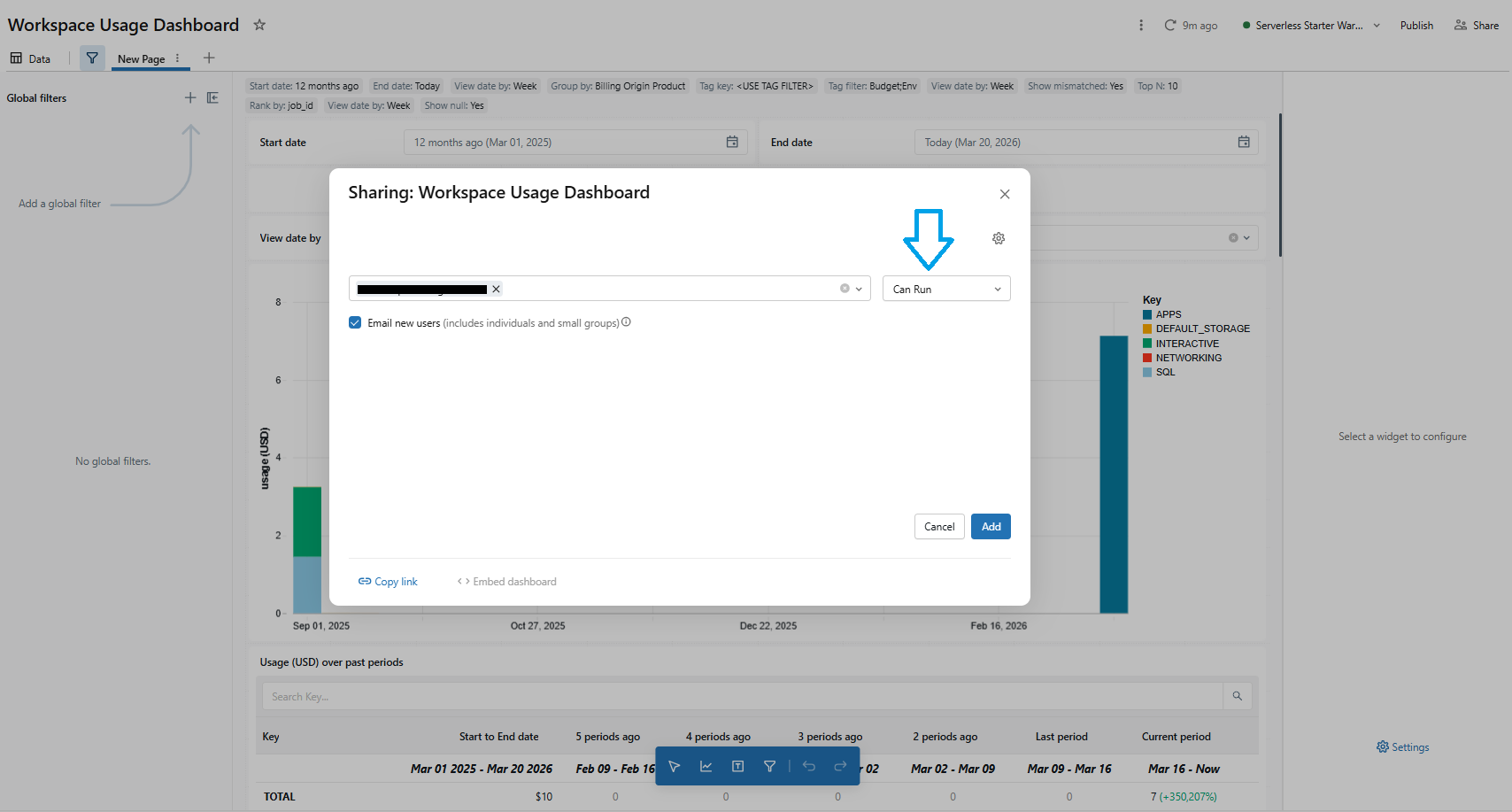 Setting dashboard share permissions to CAN VIEW or CAN RUN—Databricks One 
