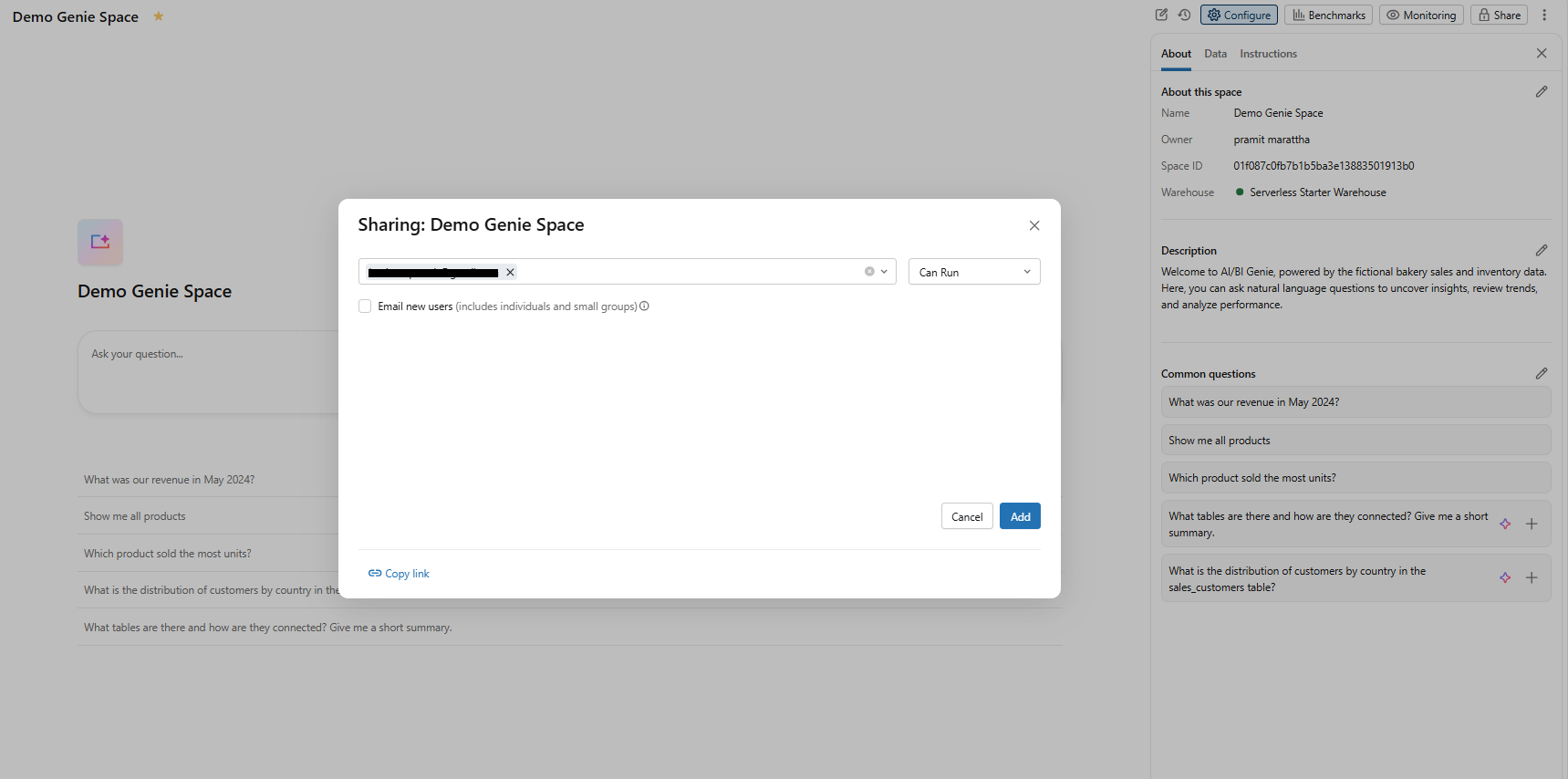Sharing a Databricks Genie space with consumer groups using CAN RUN permissions—Databricks One 