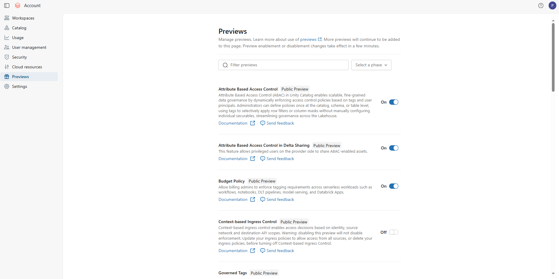 Locating the Databricks previews menu in the account console sidebar—Databricks One 