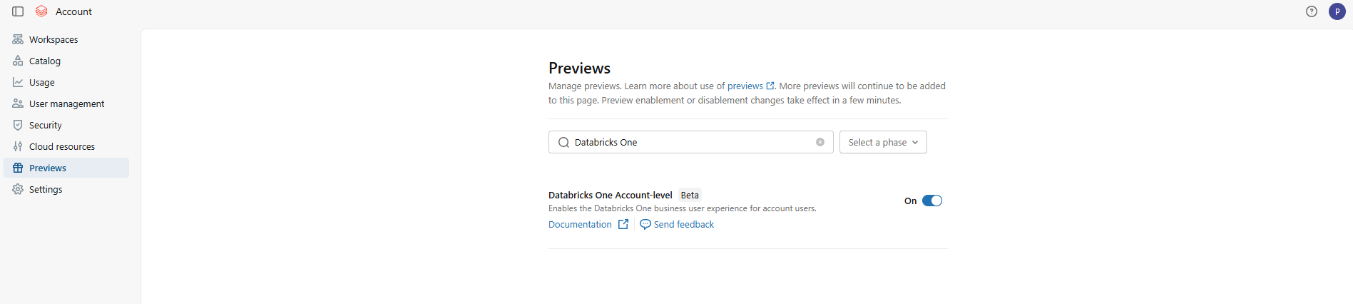 Toggling account-level Databricks One access on or off—Databricks One 