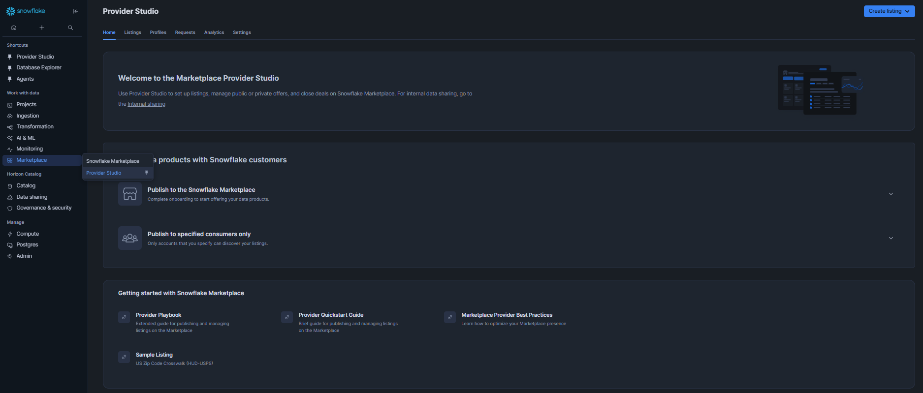 Navigating to Provider Studio under Data Products in Snowflake Snowsight left navigation panel—Snowflake Cortex Knowledge Extensions (Snowflake CKE)