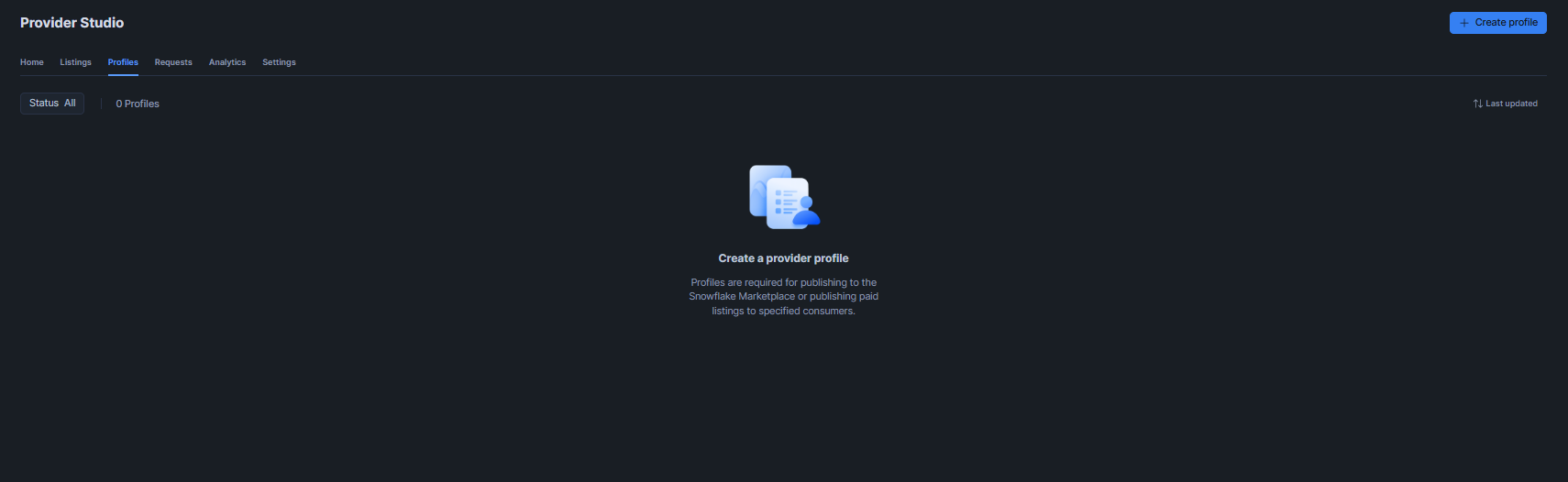 Figure 13: Accessing the Profiles section and clicking + Profile to open the provider registration dialog—Snowflake Cortex Knowledge Extensions (Snowflake CKE)