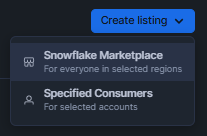 Selecting Create Listing and choosing the Snowflake Marketplace distribution channel—Snowflake Cortex Knowledge Extensions (Snowflake CKE)