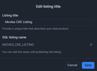 Entering the listing title and saving the initial listing draft in Provider Studio—Snowflake Cortex Knowledge Extensions (Snowflake CKE)