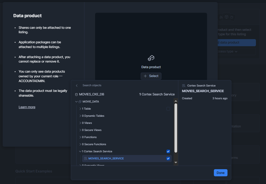 Attaching movies_search_service as the data product for the Snowflake Cortex Knowledge Extensions listing via the Add data product dialog—Snowflake Cortex Knowledge Extensions (Snowflake CKE)