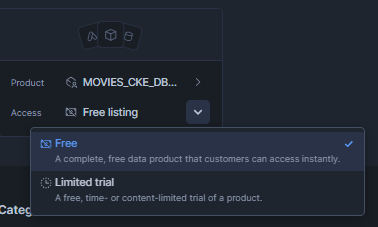 Setting the listing access type to Free or Paid in the Provider Studio listing configuration—Snowflake Cortex Knowledge Extensions (Snowflake CKE)