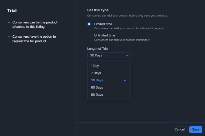 Enabling a Limited Trial option to allow consumers to evaluate the listing before committing to a paid plan