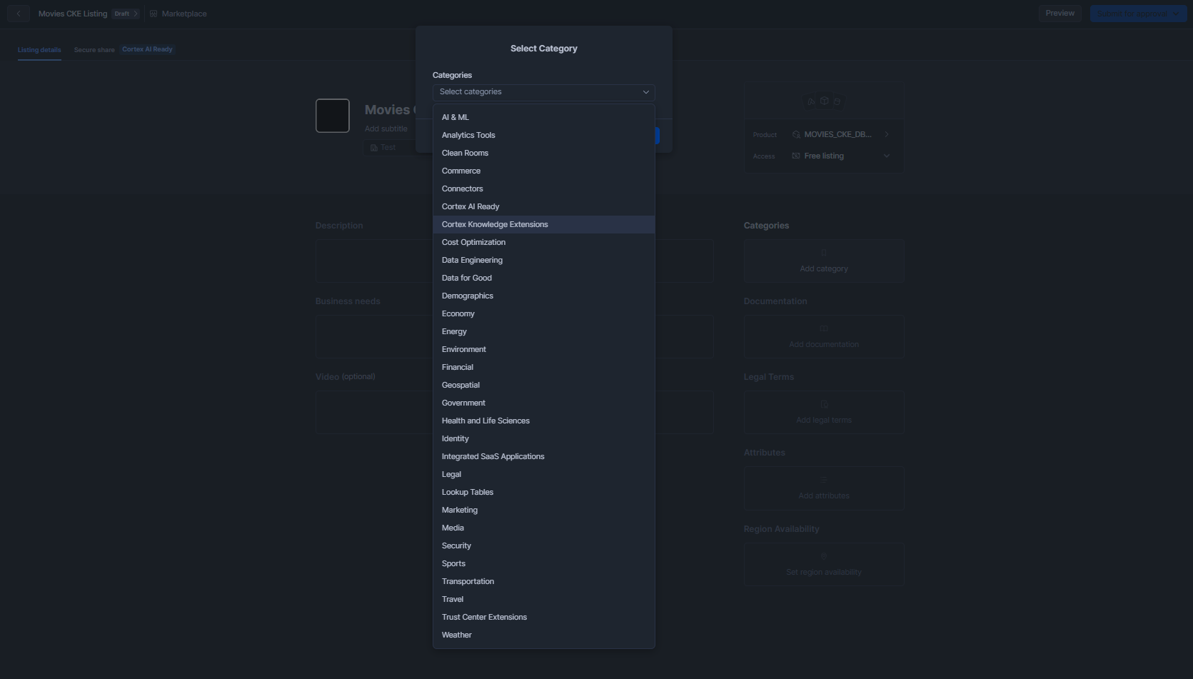 Selecting 'Cortex Knowledge Extension' from the Listing type dropdown in the Categories section—Snowflake Cortex Knowledge Extensions (Snowflake CKE)