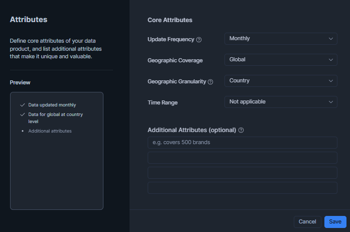 Configuring listing attributes including update frequency, geographic coverage and time range—Snowflake Cortex Knowledge Extensions (Snowflake CKE)