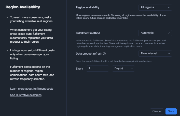 Reviewing region availability settings and confirming all regions are selected for auto-replication—Snowflake Cortex Knowledge Extensions (Snowflake CKE)