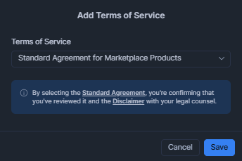 Selecting the legal agreement type (Standard Marketplace Agreement or custom terms) in the governance settings—Snowflake Cortex Knowledge Extensions (Snowflake CKE)