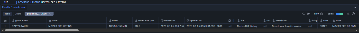 Running DESCRIBE LISTING to verify the listing's data product, access type, regions and status before publishing—Snowflake Cortex Knowledge Extensions (Snowflake CKE)