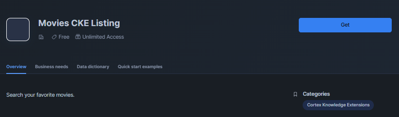 Clicking 'Get' on the CKE listing detail page in Snowflake Marketplace to start the installation—Snowflake Cortex Knowledge Extensions (Snowflake CKE)