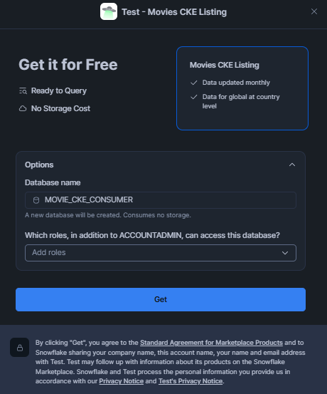 Confirming the installation dialog and viewing the provisioned shared database in the consumer account—Snowflake Cortex Knowledge Extensions (Snowflake CKE)