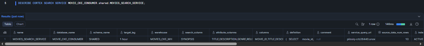 Describing the installed Cortex Search Service—Snowflake Cortex Knowledge Extensions (Snowflake CKE)