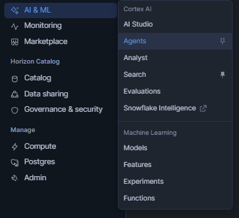 Navigating to AI & ML ⇒ Agents in Snowsight to begin creating a new Snowflake Cortex Agent—Snowflake Cortex Knowledge Extensions (Snowflake CKE)