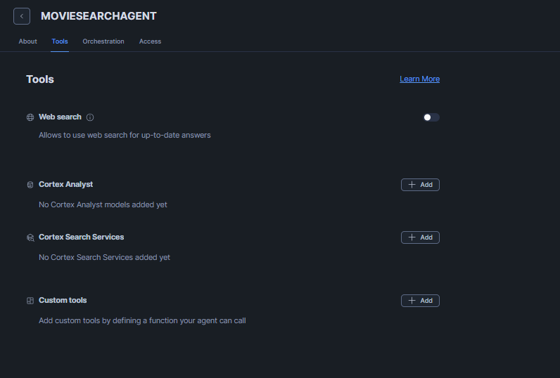 Opening the Tools tab and clicking + Add to configure a Cortex Search Service tool for the agent—Snowflake Cortex Knowledge Extensions (Snowflake CKE)