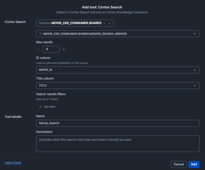 Selecting movies_search_service and configuring the Movie_Search tool with ID and title columns—Snowflake Cortex Knowledge Extensions (Snowflake CKE)