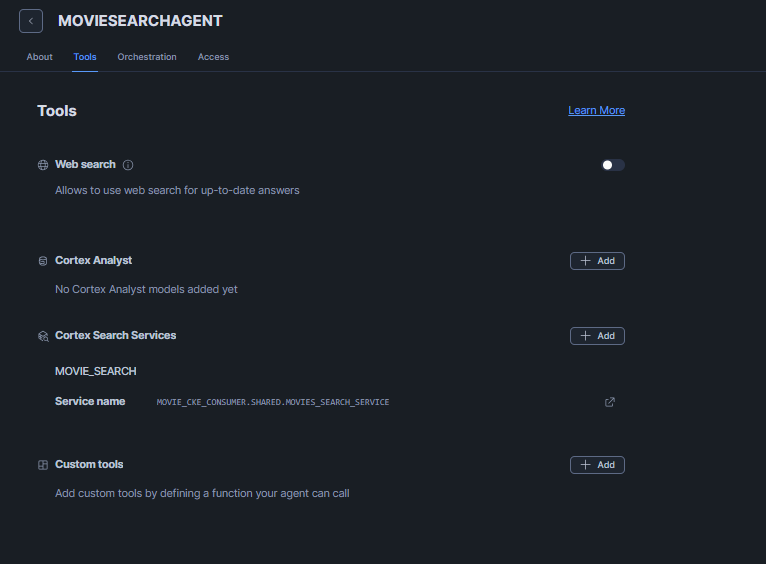 Viewing the completed Tools section of the agent with the Movie_Search Cortex Search Service tool listed—Snowflake Cortex Knowledge Extensions (Snowflake CKE)