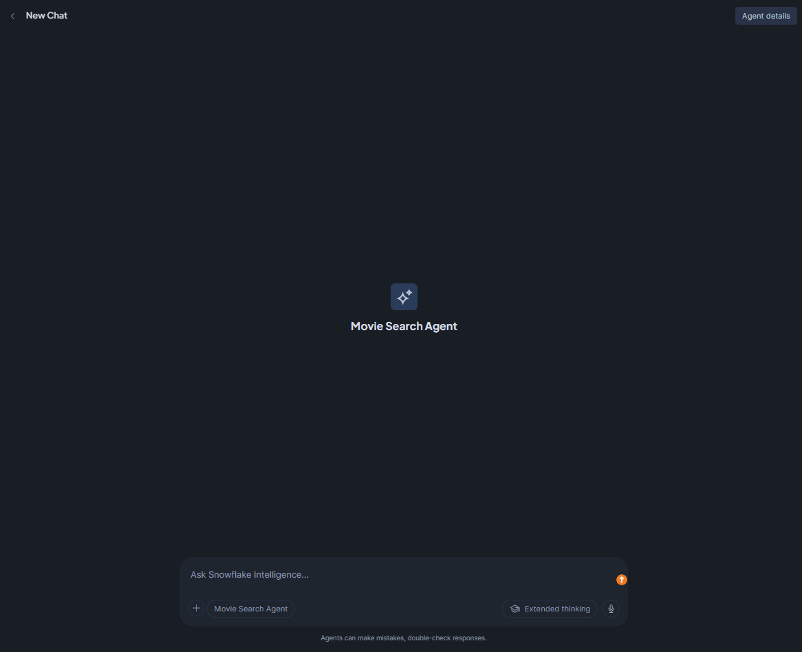 Selecting the configured Movie Search Agent in the Snowflake Intelligence interface—Snowflake Cortex Knowledge Extensions (Snowflake CKE)