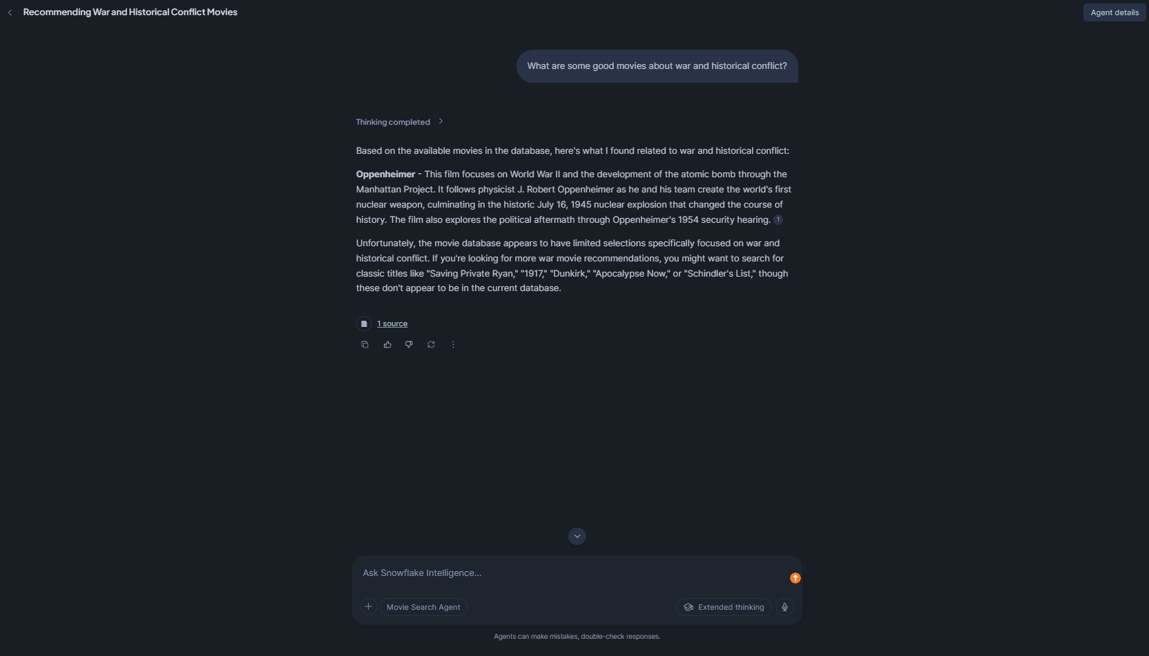 Snowflake Intelligence returning cited movie recommendations with source links for a war and historical conflict query—Snowflake Cortex Knowledge Extensions (Snowflake CKE)