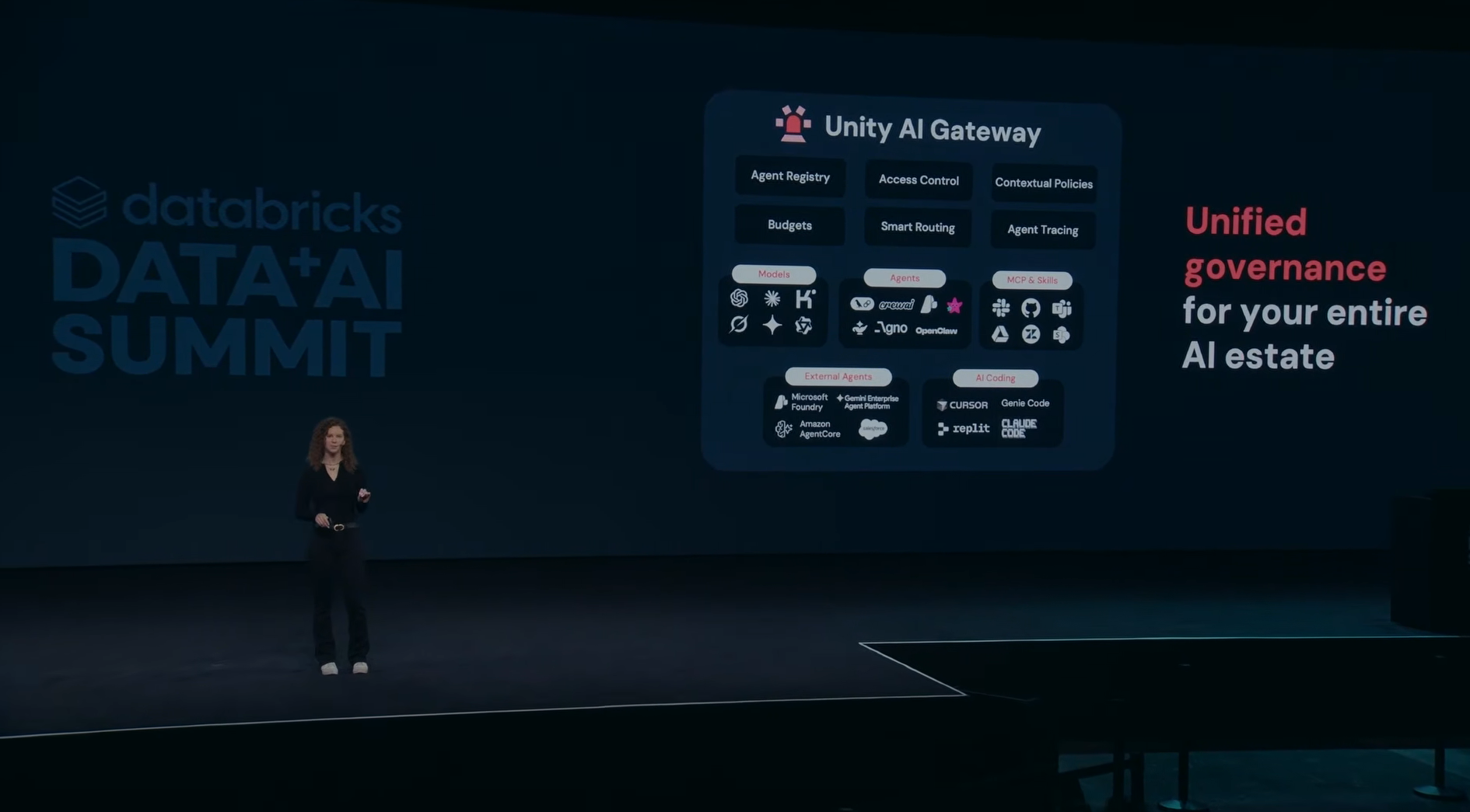 Kasey Uhlenhuth announcing Databricks Unity AI Gateway at Databricks Data + AI Summit 2026