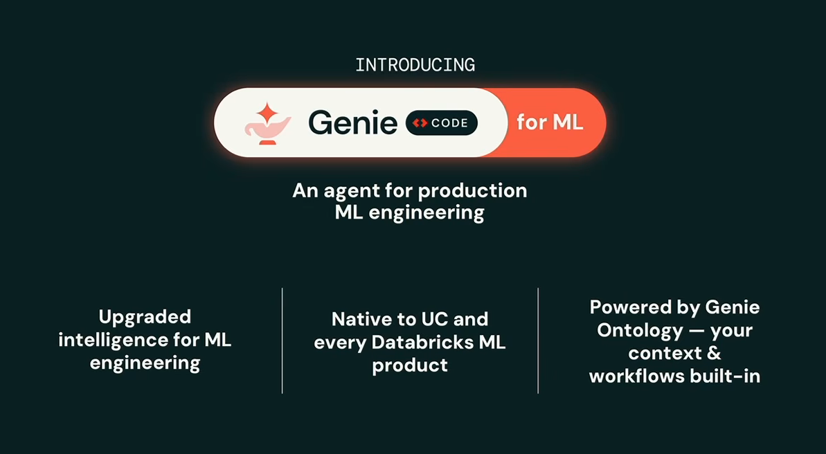 Databricks Genie Code for ML announcement, as presented by Mike Del Balso at Databricks Data + AI Summit 2026 (Source:Databricks Data + AI Summit 2026)