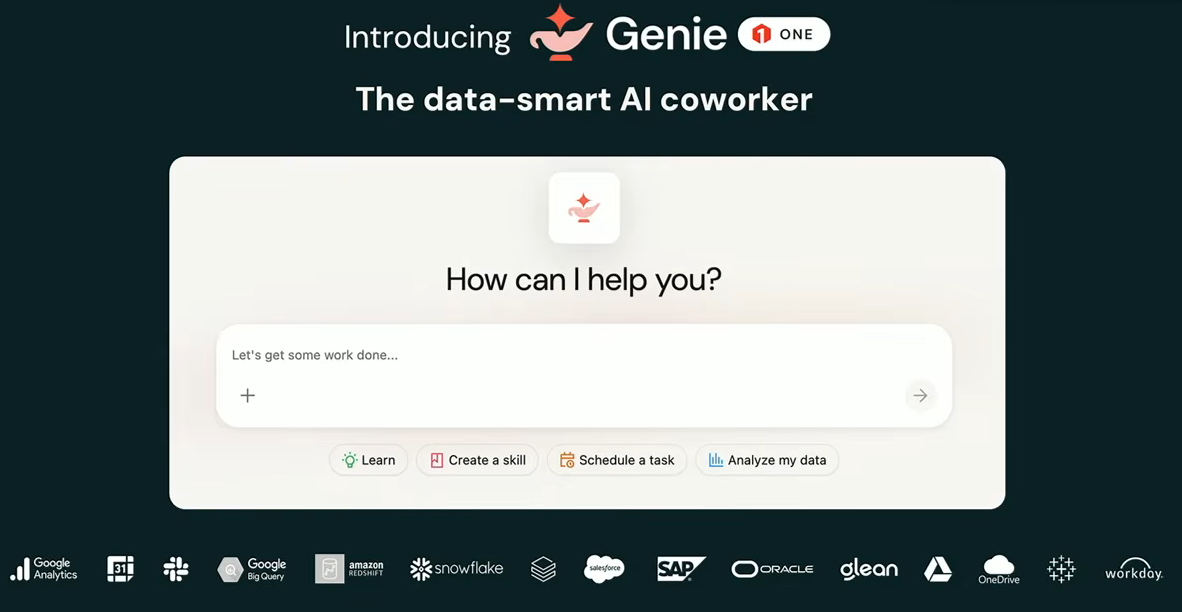 Databricks Genie One overview, as presented by Ali Ghodsi at Databricks Data + AI Summit 2026 (Source: Databricks Data + AI Summit 2026)