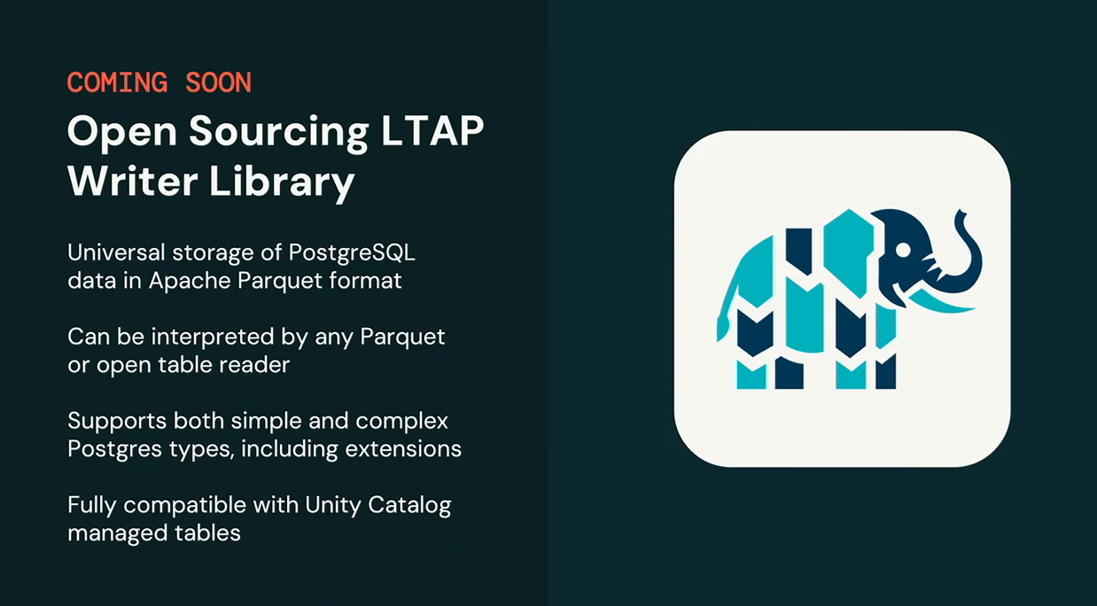 LTAP Writer Library announcement, as presented by Reynold Xin at Databricks Data + AI Summit 2026 (Source:Databricks Data + AI Summit 2026)