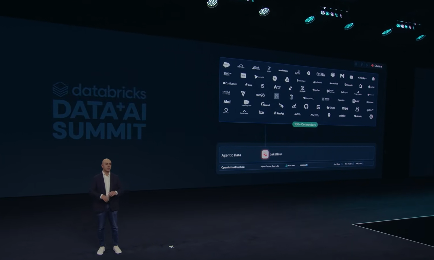 Ali Ghodsi presenting LakeFlow's 100+ connector milestone on the main keynote stage at Databricks Data + AI Summit 2026