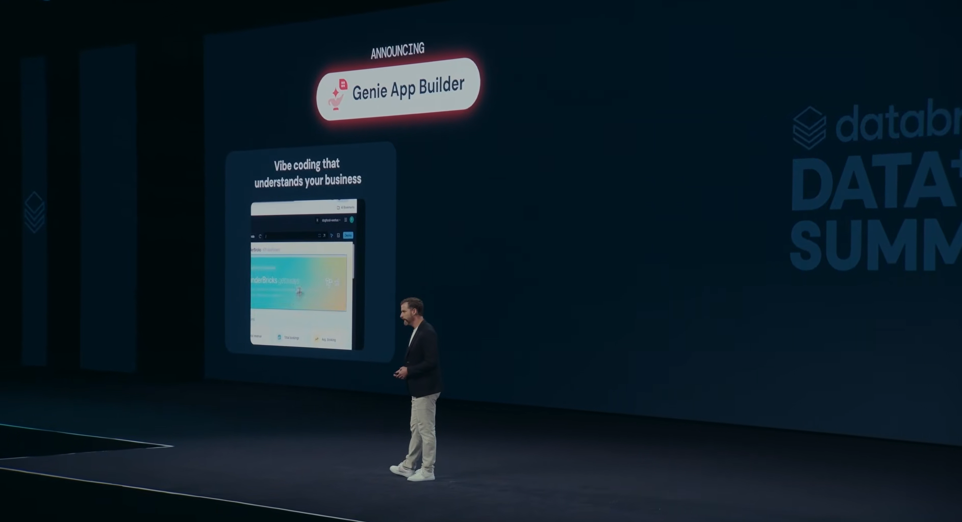 Justin DeBrabant announcing Genie App Builder at Databricks Data + AI Summit 2026