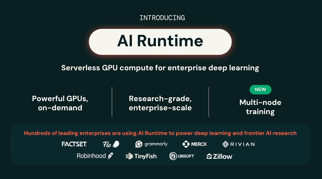 Databricks AI Runtime announcement, as presented by Mike Del Balso at Databricks Data + AI Summit 2026 (Source:Databricks Data + AI Summit 2026)